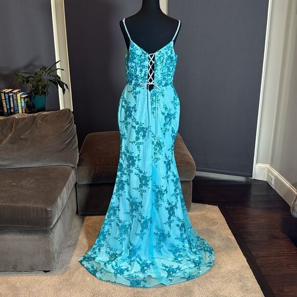 Women’s Blue Mermaid Fit Prom Party Dress Sparkly Sequins Leg Slit Size 12 - Picture 5 of 12